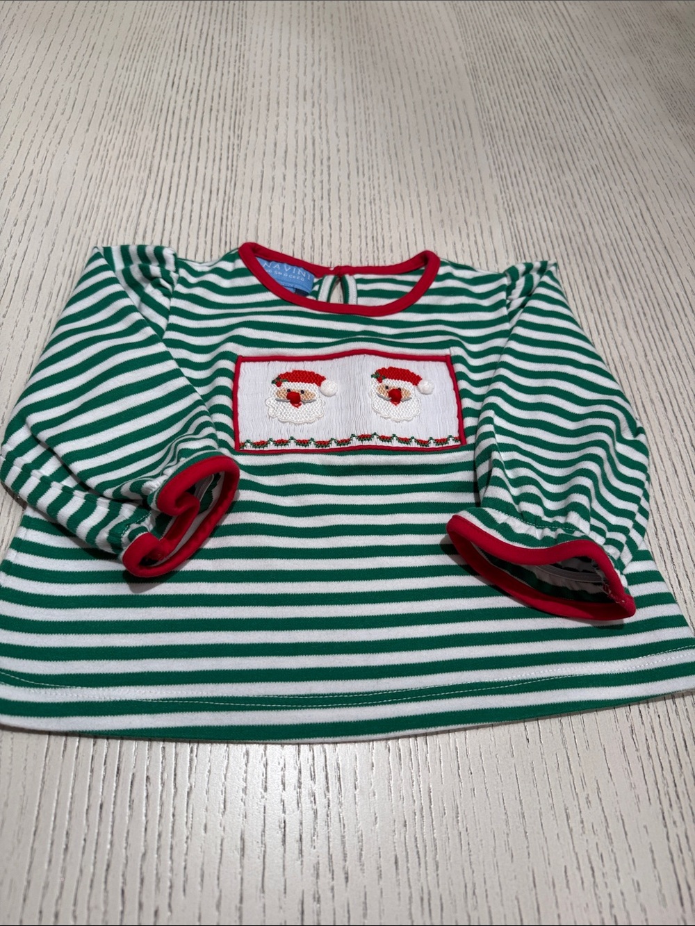 ANAVINI Hand Smocked Santa Green & White Striped Long Sleeve Knit Shirt